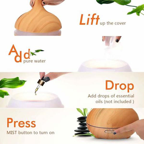 Wood Grain Diffuser showing timer settings for bedroom aromatherapy and sleep enhancement.
