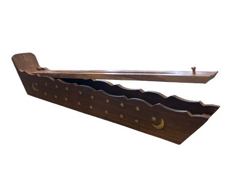Wooden coffin incense burner with built-in ash catcher