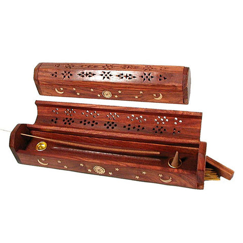Wooden Coffin Incense Burner ash tray channel holding incense stick for meditation and home fragrance rituals.
