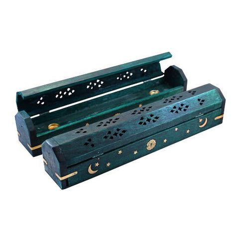 Wooden Coffin Incense Burner green variant for altar decor, incense rituals, and gothic aesthetic.