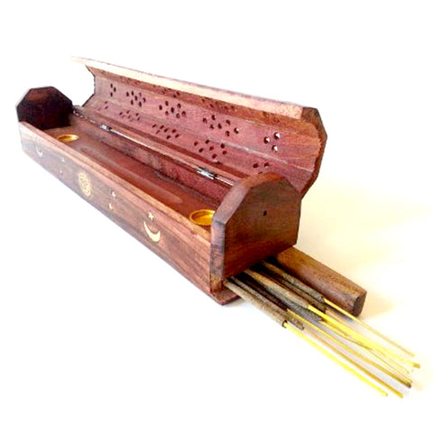Wooden Coffin Incense Burner open lid showing interior storage compartment for incense sticks and accessories.