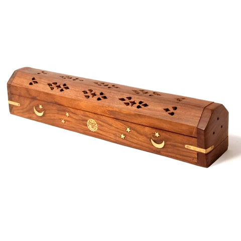 Wooden Coffin Incense Burner side view with dark lacquer finish for gothic altar and meditation spaces.