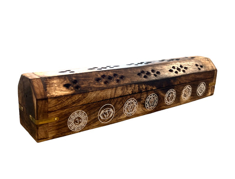 Wooden coffin incense burner with hidden storage compartment