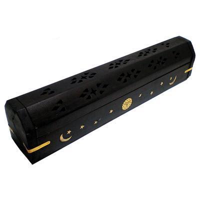 Wooden Coffin incense burner for sticks and cones with dark aesthetic natural wood form